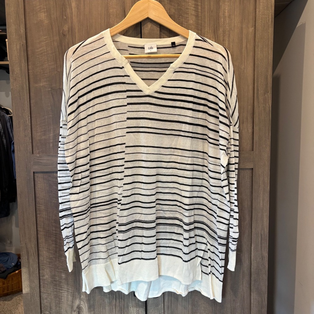 Cabi Captain Sweater Black White Striped V-Neck Oversized Lightweight Large 5590